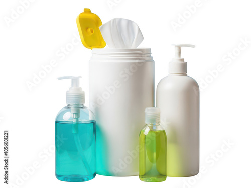 Essential hygiene products: hand sanitizer, pump soap, and wet wipes for care.