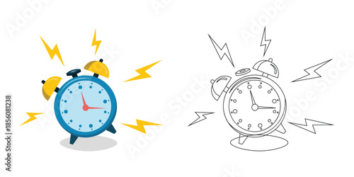 Ringing Alarm Clock Illustration with Lightning Effects – Color and Line Art Vector