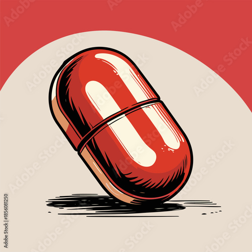Illustration of a pill medicine, drawn in a bold American comic