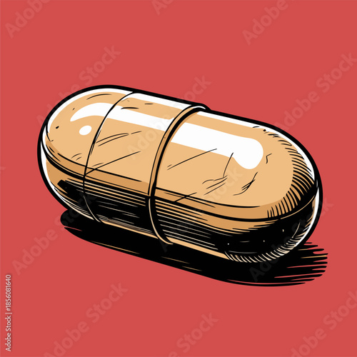 Illustration of a pill medicine, drawn in a bold American comic
