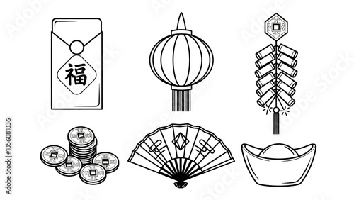 Set of traditional Chinese lanterns and flowers icons featuring black silhouette vector designs and travel art symbols in an illustration collection