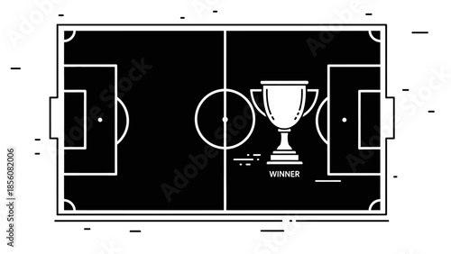 A minimalist black and white illustration of a soccer field with a winner's trophy in the center.