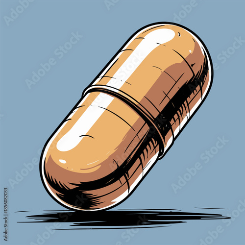 Illustration of a pill medicine, drawn in a bold American comic