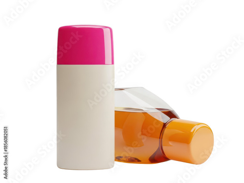 Isolated product bottles: standing white/pink cap, horizontal amber liquid