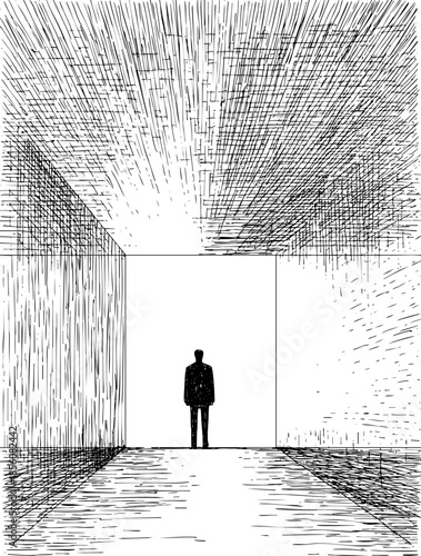 Solitary Figure in Abstract Linear Room