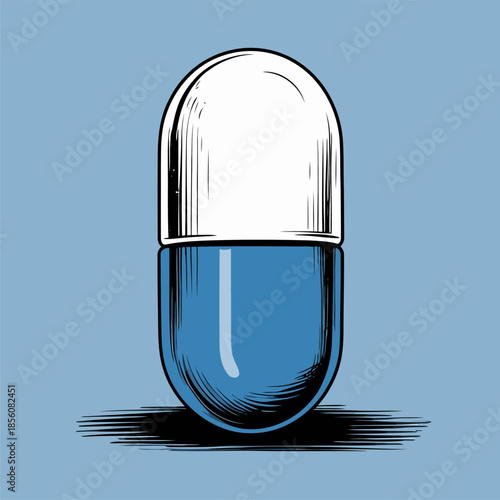 Illustration of a pill medicine, drawn in a bold American comic