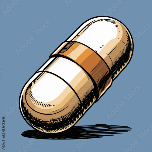 Illustration of a pill medicine, drawn in a bold American comic