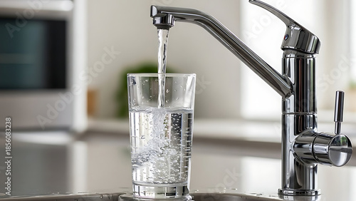 Water Flows From Tap Into Glass