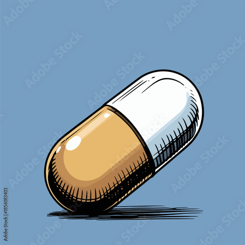 Illustration of a pill medicine, drawn in a bold American comic