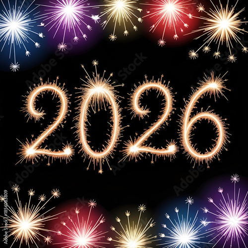 Happy New Year 2026 Celebration Fireworks and Sparklers on Black Background