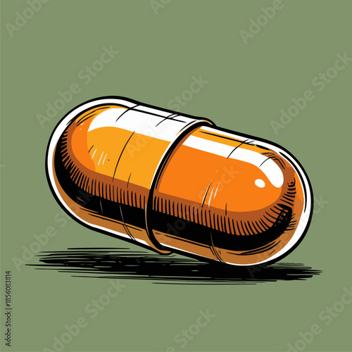 Illustration of a pill medicine, drawn in a bold American comic