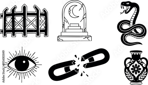 Set of black and white mystical symbols with eye, snake, chain, fence, and vase illustrations 