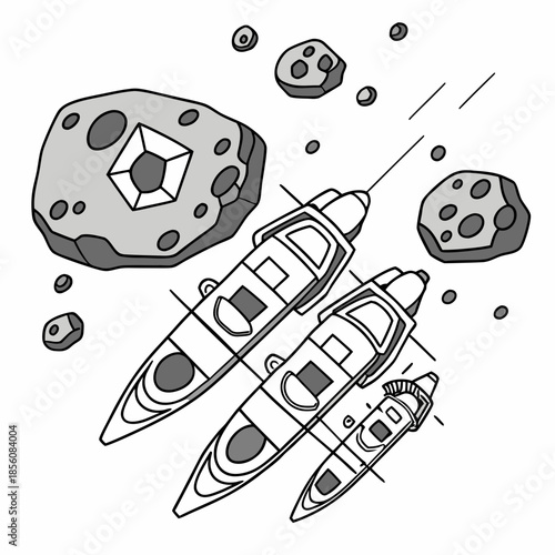 Title: A space shuttle with surrounding asteroids and a detailed interior view of the shuttle