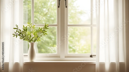 Serene window with vase and greenery