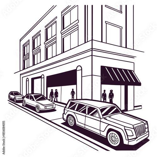 Title: Isometric of a building with cars parked outside and people walking on the sidewalk
