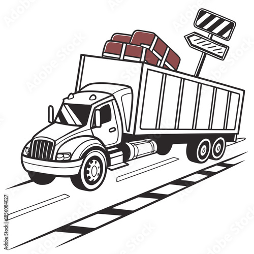 Title: A black and white truck carrying construction with road signs on of the cargo