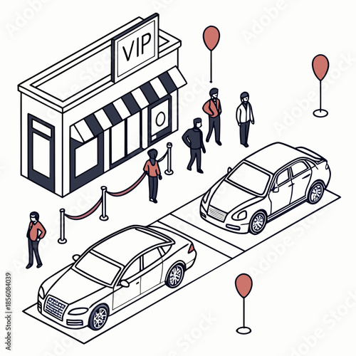 Title: Isometric of a VIP entrance with cars and people standing outside a building