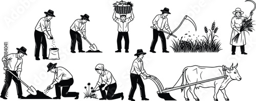 Black and White Silhouettes of Farmers Performing Traditional Agricultural Tasks with Manual Tools and Oxen in Rural Fields