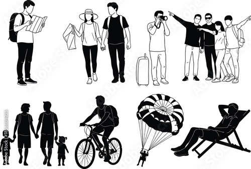 Black and White Silhouettes of Tourists Engaged in Travel, Leisure, Shopping, and Outdoor Activities with Family and Friends
