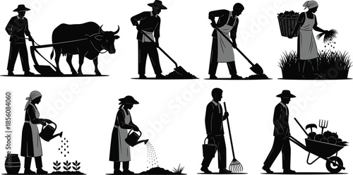 Black Silhouettes of Farmers Performing Traditional Agricultural Tasks with Tools, Animals, and Manual Labor in Rural FieldsBlack Silhouettes of Farmers Performing Traditional Agricultural 