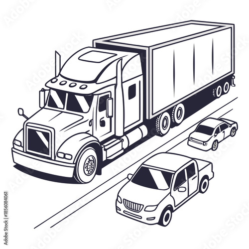 Title: A large black and white semi-truck with a trailer driving on a road alongside smaller cars