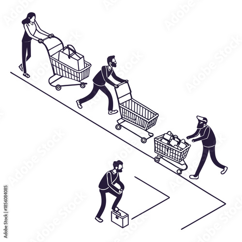 Title: A series of people pushing shopping carts filled with various in a linear progression