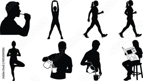 Black Silhouettes of People Practicing Daily Routines Including Hygiene, Exercise, Reading, and Beverage Preparation Activities