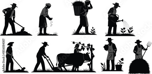 Black Silhouettes of Farmers Performing Traditional Agricultural Tasks with Manual Tools, Oxen, and Harvesting Activities in Rural Fields