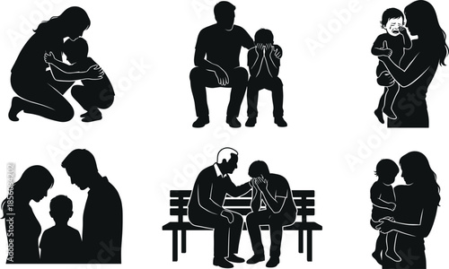 Emotional support and comforting gestures between adults and children in silhouette style for family care concepts