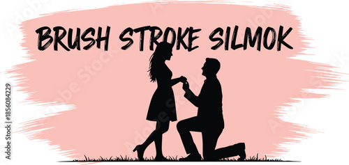 Romantic Couple Silhouette with Marriage Proposal Scene and Pink Brush Stroke Background for Love-Themed Vector Design