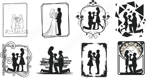 Romantic proposal silhouette illustrations with floral decorations, diverse couples, and artistic frames for love and commitment themes