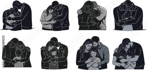 Silhouette illustrations of comforting embraces showing emotional support, empathy, grief, and family connection moments