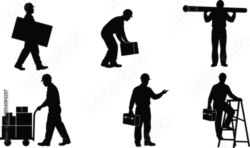 Silhouette illustrations of construction workers performing various manual labor tasks with tools, boxes, ladders, and safety gear