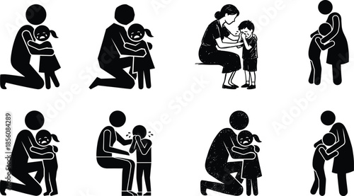 Silhouette illustrations of adults comforting crying children with emotional support and empathy in family care situations