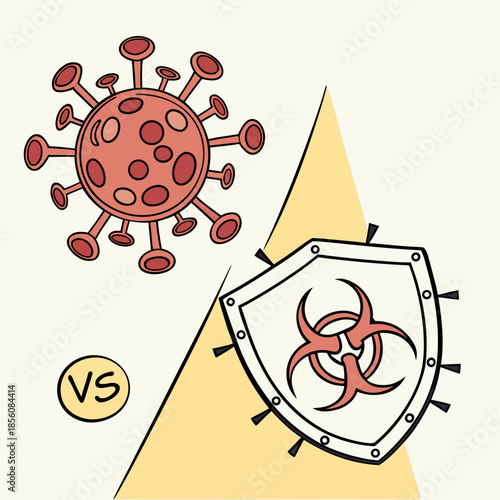 Title: A of a virus particle facing a biohazard symbol representing the fight against infectious