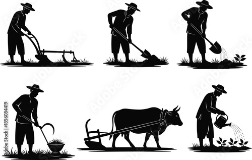 Silhouettes of Farmers Performing Traditional Agricultural Tasks with Manual Tools and Oxen in Rural Farming Environment