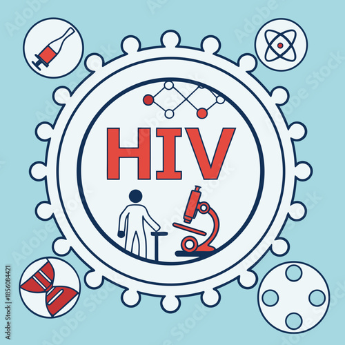 Title: Circular with the letters HIV in the center surrounded by scientific symbols and a person