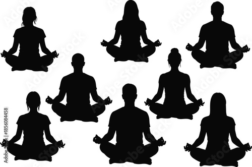 Silhouettes of People Meditating in Rows Representing Group Yoga, Mindfulness, and Spiritual Wellness Practice
