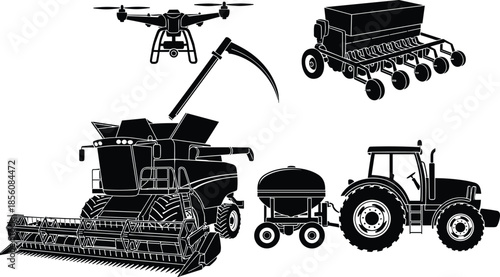 Silhouettes of Traditional and Modern Agricultural Tools Including Drone, Tractor, Harvester, and Manual Equipment for Farming Use