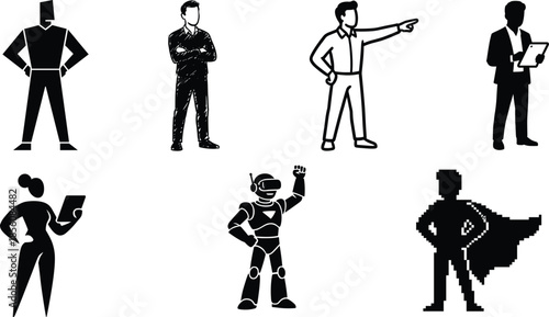 Stylized Human and Humanoid Figures in Diverse Poses Representing Technology, Business, Creativity, and Futuristic Character Concepts