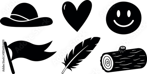 Simple black silhouette icons of flag hat heart smiley feather log vector illustration 