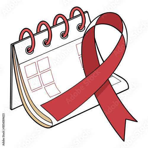Title: Red awareness ribbon and calendar with spiral binding on white background