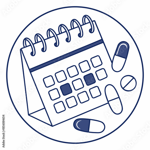 Title: Calendar page with pills and spiral binding inside a circle medicine