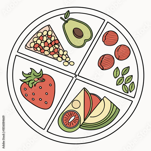 Title: A colorful of a plate with various healthy foods including fruits and nuts