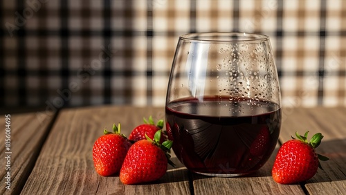 Stemless wine glass with red wine and five fresh strawberries on wooden table