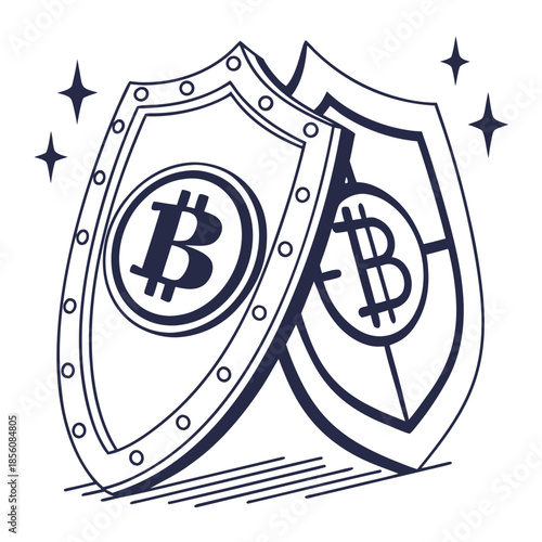 Title: Two overlapping shields with bitcoin symbols in the center and stars around the edges on a
