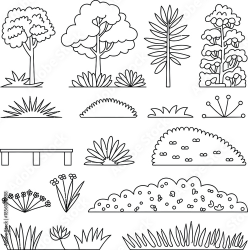Monochrome Vector Illustration of Landscape Elements Depicted in Minimalist Line Art Featuring Trees, Shrubs, Grasses, and Wooden Bench to Represent Garden Planning, Outdoor Environment, and Natural 