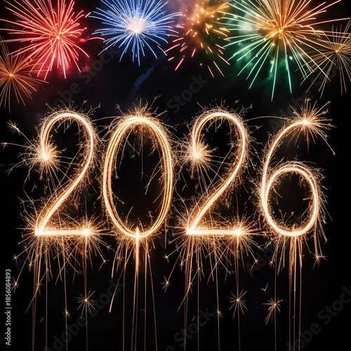 Happy New Year 2026 Celebration Fireworks and Sparklers on Black Background