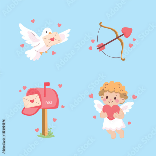 A dove flies with a letter in its beak. Below, a child with wings holds a heart. A mailbox stands nearby filled with hearts. All against a blue background.