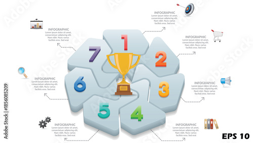 7 Step Staircase Infographic Template. Business Process Flow Chart with Colorful Zigzag Banners and Strategic Icons. Professional Vector Roadmap Illustration for Project Milestones